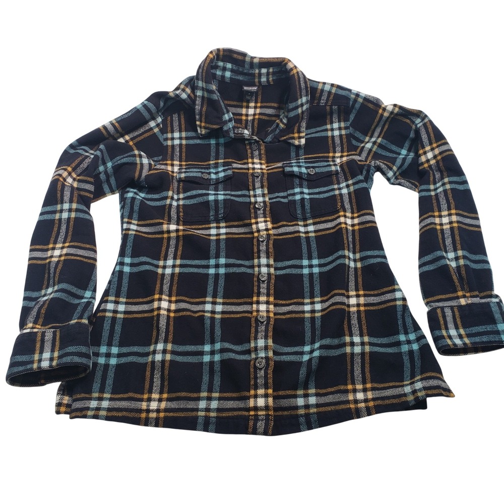 Patagonia Organic Cotton Plaid Flannel Shirt Women Size 6 Navy‎ Teal Yellow